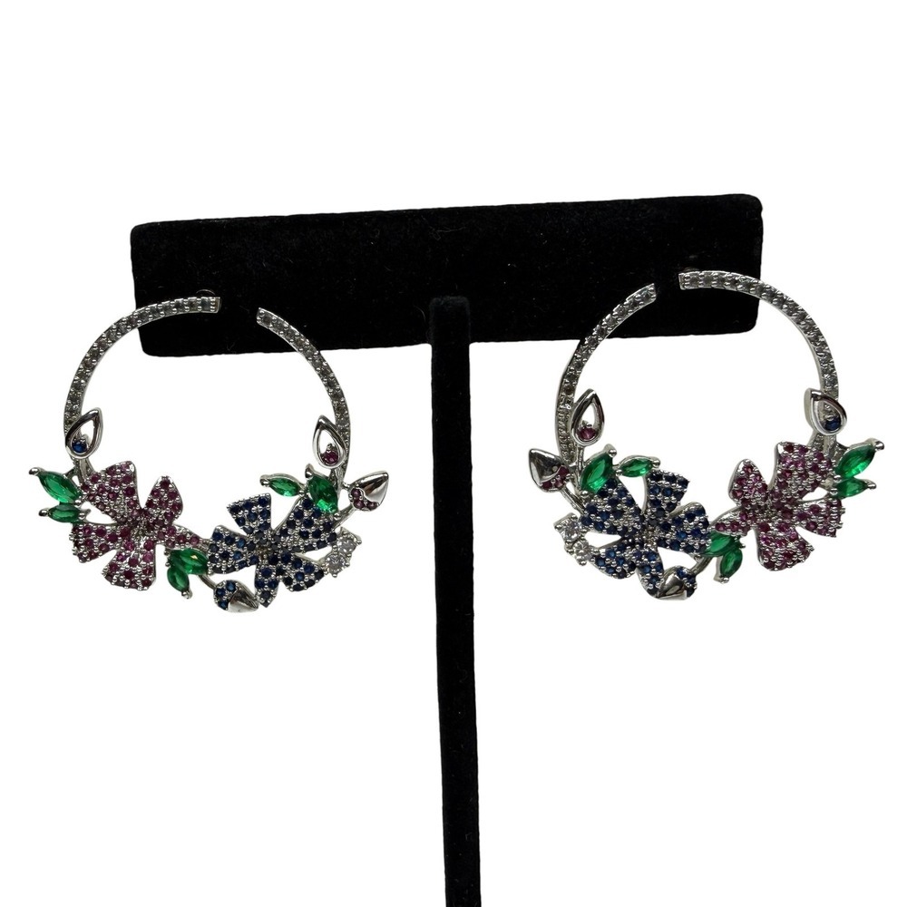 Sparkling Floral Hoop Earrings Colorful Rhinestone Pave Silver Tone Jewelry